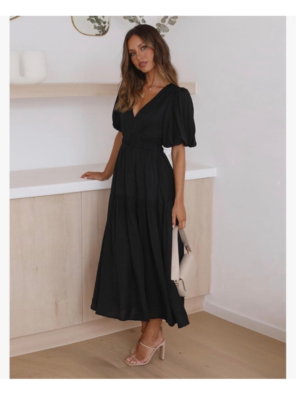 NEW Short Puffy Sleeve V Neck A-Line Flowy Wrap Wedding Guest Lined Dress S - Picture 2 of 11